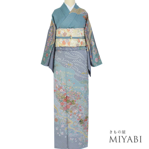 訪問着 リサイクル 身丈164.5cm 裄68.5cm 袷 道長雲取り 花柄 箔加工 絞り加工 ブルー Lサイズ セミフォーマル お洒落 正絹 広衿 Sランク