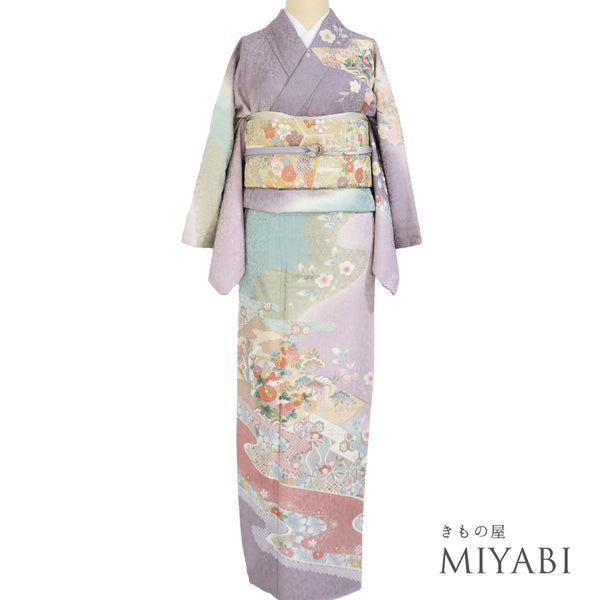 訪問着 リサイクル 身丈165cm 裄66.4cm 袷 松唐菱に菊柄 金駒刺繍 箔 パープル Lサイズ フォーマル セミフォーマル 正絹 広衿 Sランク