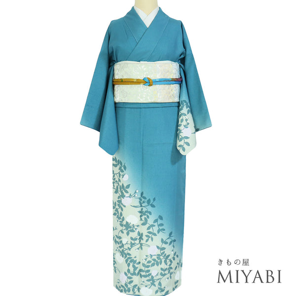 付下げ リサイクル 身丈147.5cm 裄63.8cm 袷 結城紬 五月みどりプロデュース 花柄 ブルー SSサイズ お洒落 正絹 広衿 Sランク