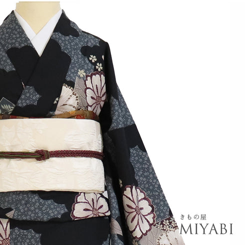 小紋 リサイクル 身丈167.5cm 裄68.8cm 袷 雲取りに短冊や花柄 小花柄 多色 LLサイズ お洒落 カジュアル ポリエステル 洗える着物 広衿 Sランク