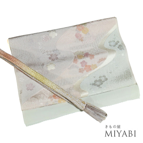 帯締め・帯揚げセット リサイクル セミフォーマル 平組紐 多色 正絹 新品・未使用品 梅柄 桜柄 エ霞
