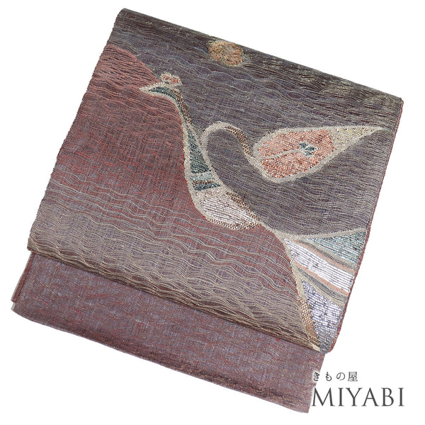 袋帯 リサイクル 帯丈442cm ポイント柄 工芸すくい帯 じゅらく ブラウン Mサイズ 正絹 新品・未使用品ランク お洒落 落款 証紙