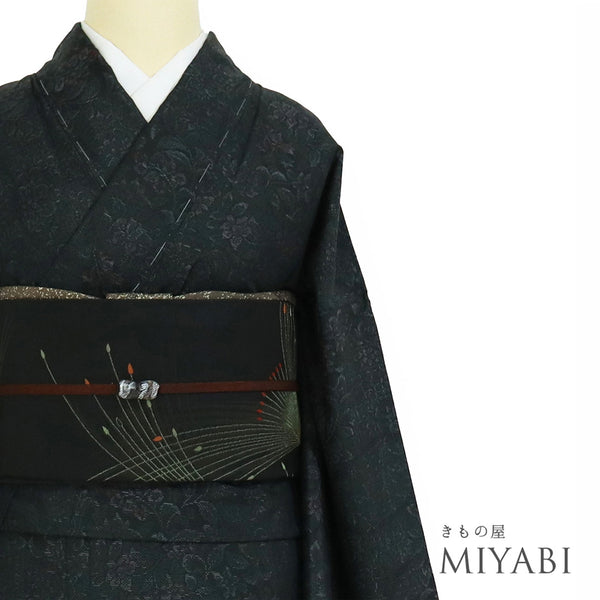 大島紬 リサイクル 身丈161.2cm 裄66.8cm 袷 草花柄 ネイビー Lサイズ お洒落 カジュアル 証紙 しつけ糸 正絹 広衿 Sランク