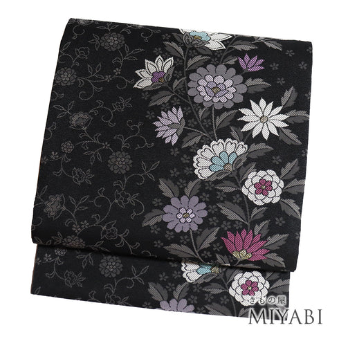 名古屋帯 リサイクル 帯丈375cm 六通 花柄 ブラック Mサイズ ポリエステル 未使用品 お洒落 カジュアル