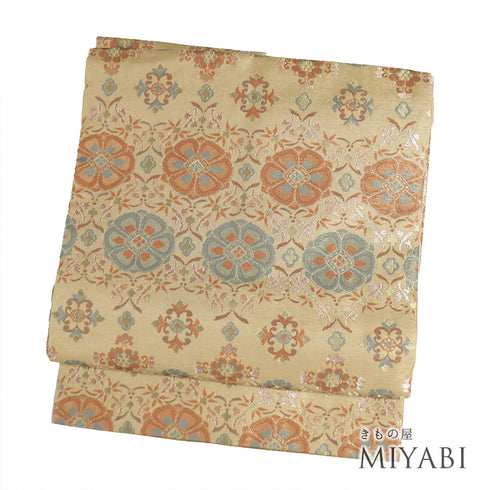 名古屋帯 リサイクル 帯丈362.5cm 全通 有職文様 ブラウン Mサイズ 正絹 Sランク お洒落