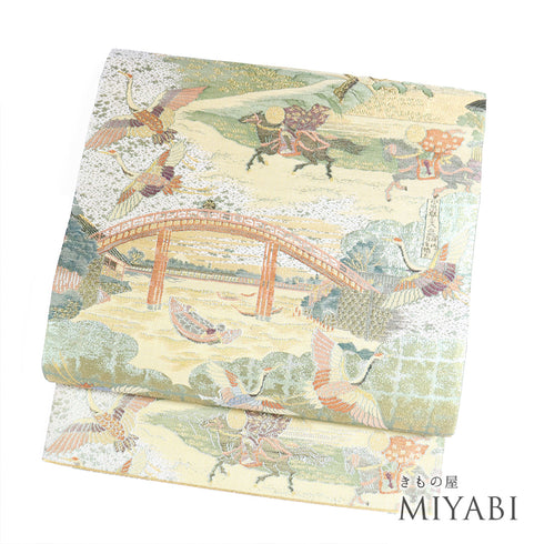 袋帯 リサイクル 帯丈430cm 六通 鶴に風景柄 ゴールド Sサイズ 正絹 新品・未使用品 フォーマル セミフォーマル