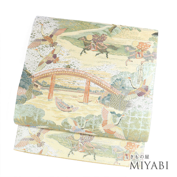 袋帯 リサイクル 帯丈430cm 六通 鶴に風景柄 ゴールド Sサイズ 正絹 新品・未使用品 フォーマル セミフォーマル