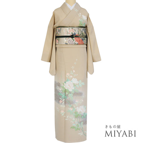 訪問着 リサイクル 身丈162.8cm 裄66.8cm 袷 箔加工 牡丹柄 ベージュ Lサイズ 正絹 広衿 Sランク