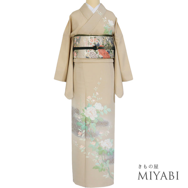 訪問着 リサイクル 身丈162.8cm 裄66.8cm 袷 箔加工 牡丹柄 ベージュ Lサイズ 正絹 広衿 Sランク