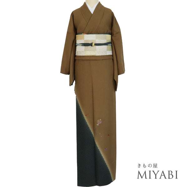 訪問着 リサイクル 身丈169.5cm 裄66.4cm 袷 打出の小槌や小花柄 刺繍 ブラウン LLサイズ お洒落 正絹 広衿 Aランク