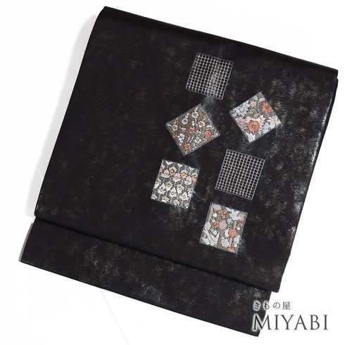 名古屋帯 リサイクル 帯丈380cm ポイント柄 ブラック Lサイズ 正絹 未使用品 カジュアル お洒落