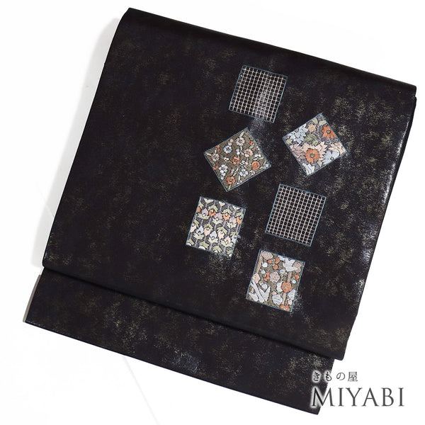 名古屋帯 リサイクル 帯丈380cm ポイント柄 ブラック Lサイズ 正絹 未使用品 カジュアル お洒落