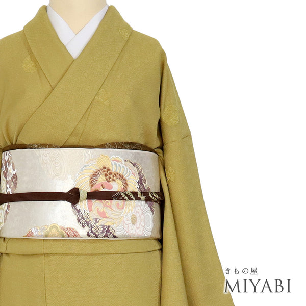 色無地 リサイクル 身丈168.5cm 裄66.4cm 袷 花柄 イエロー LLサイズ セミフォーマル 一つ紋 正絹 広衿 地紋あり Sランク