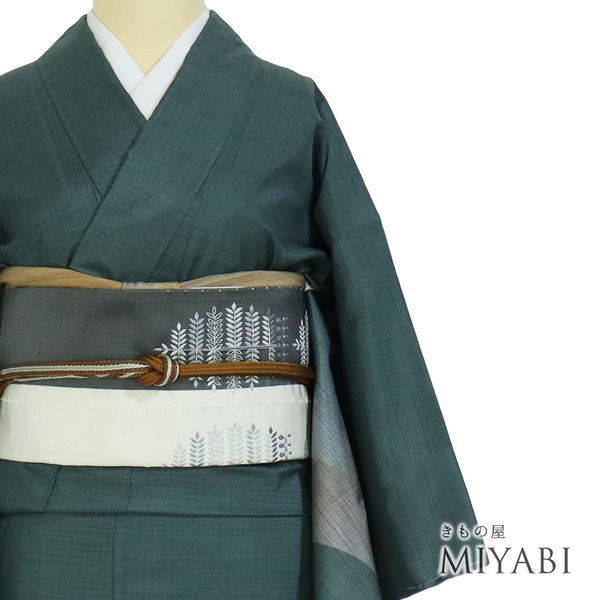 付下げ リサイクル 身丈160cm 裄64.6cm 袷 紬 抽象柄 グリーン Mサイズ お洒落 しつけ糸 正絹 広衿 Sランク