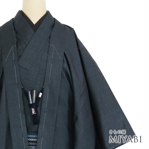 アンサンブル 男物 リサイクル 身丈145cm 裄71.2cm 羽織丈98cm 袷 大島紬 ネイビー Mサイズ お洒落 カジュアル しつけ糸 正絹 棒衿 Sランク