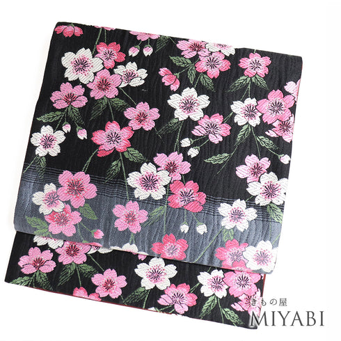 袋帯 リサイクル 帯丈456cm 六通 夜桜柄 ぼかし ブラック Lサイズ 正絹 Sランク フォーマル お洒落