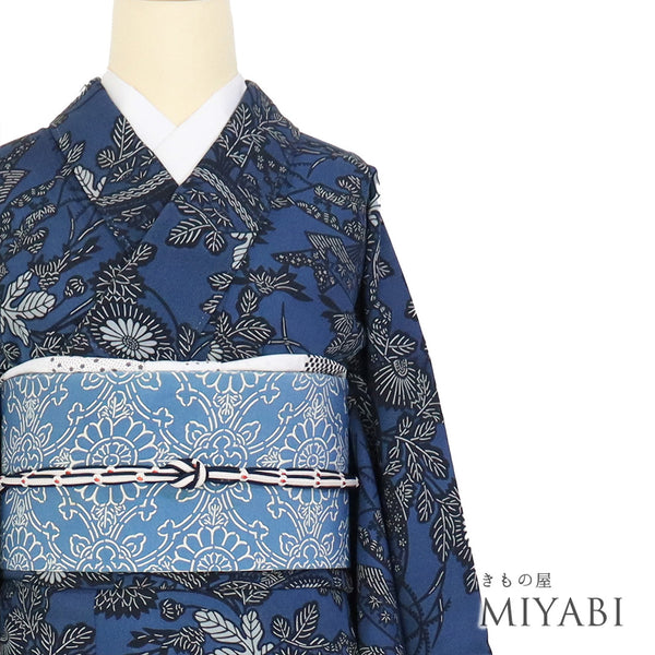 小紋 リサイクル 身丈152.3cm 裄64cm 袷 菊や地紙柄 ブルー Sサイズ お洒落 カジュアル 正絹 広衿 Aランク