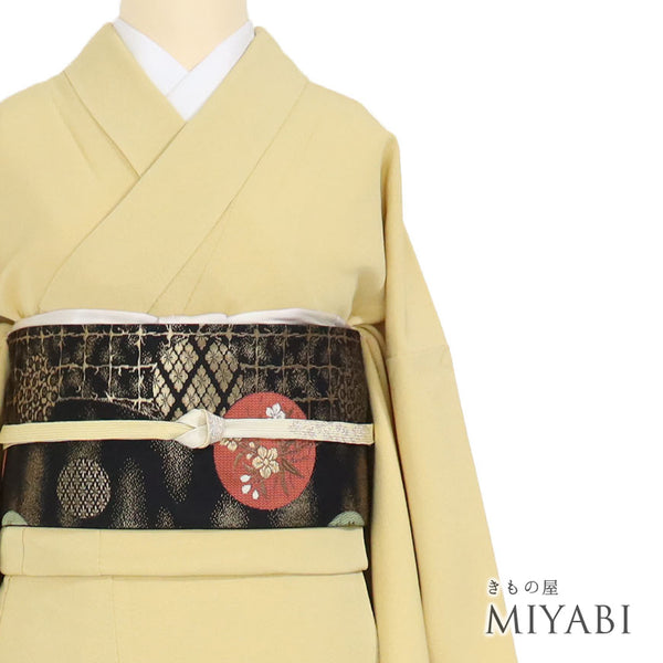 色無地 リサイクル 身丈172.5cm 裄68.4cm 袷 パールトーン加工 イエロー LLサイズ お洒落 しつけ糸 正絹 広衿 地紋なし 未使用品