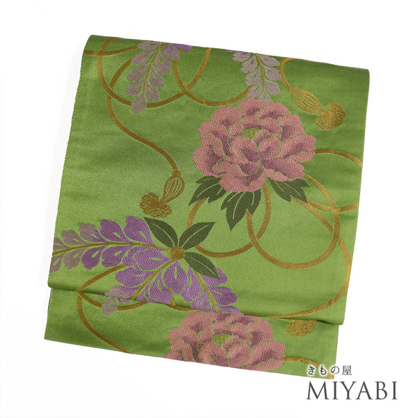 京袋帯 リサイクル 帯丈396cm 六通 花柄 グリーン Lサイズ ポリエステル Sランク お洒落