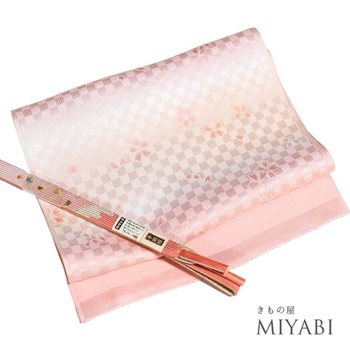 帯締め・帯揚げセット リサイクル フォーマル 平組紐 綸子 ピンク 正絹 新品・未使用品 桜柄 千鳥格子地紋