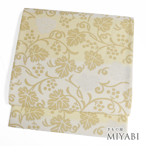 袋帯 リサイクル 帯丈444cm 六通 葡萄柄 西陣織 ベージュ Mサイズ 正絹 新品・未使用品 セミフォーマル お洒落