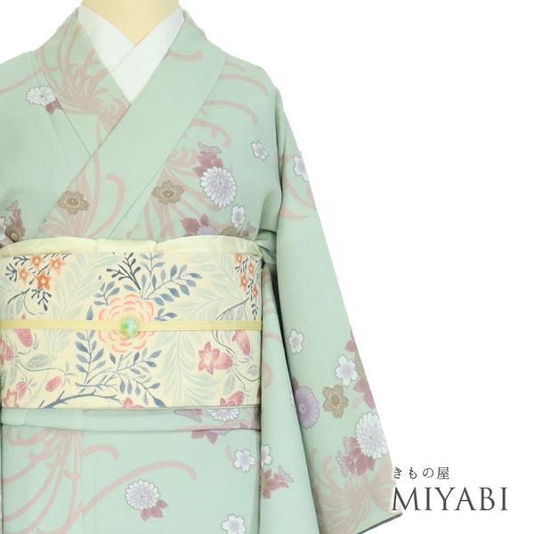 小紋 リサイクル 身丈163.5cm 裄66cm 袷 既製品 菊柄 グリーン Lサイズ お洒落 カジュアル ポリエステル 洗える着物 広衿 Aランク