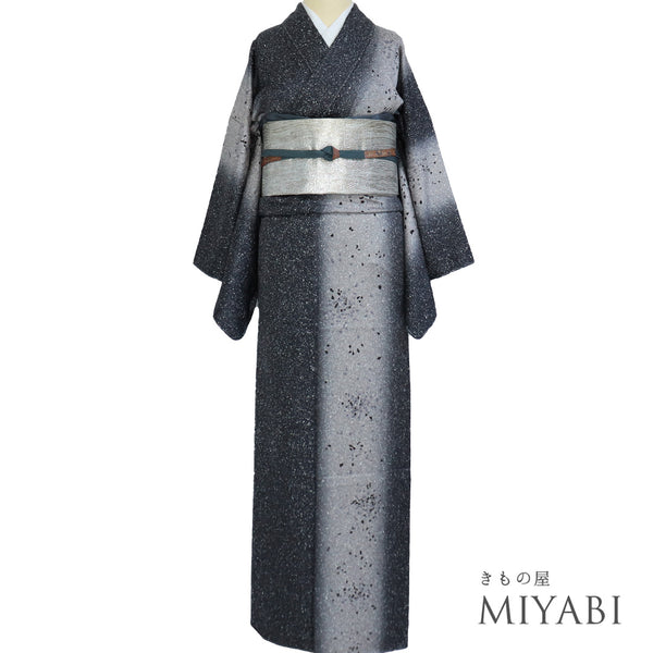 訪問着 リサイクル 身丈159.3cm 裄67.8cm 袷 たたき染め 石田凱宣 ぼかし ネイビー Mサイズ お洒落 落款 しつけ糸 正絹 広衿 Sランク