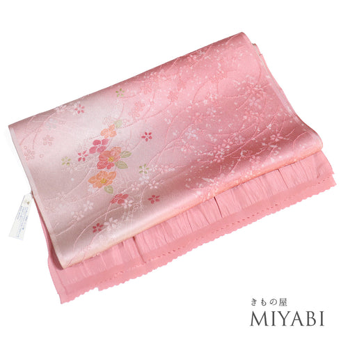 帯揚げ リサイクル 綸子 正絹 ピンク お洒落 椿柄 新品・未使用品 AG-1115