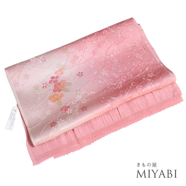 帯揚げ リサイクル 綸子 正絹 ピンク お洒落 椿柄 新品・未使用品 AG-1115