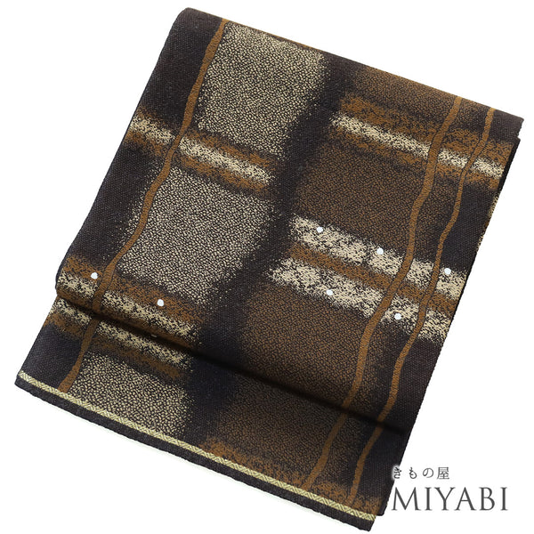 袋帯 リサイクル 帯丈440cm 六通 幾何学柄 ブラウン Mサイズ 正絹 新品・未使用品 セミフォーマル お洒落