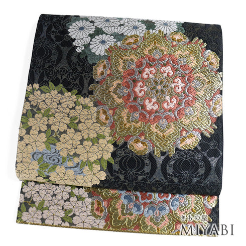 袋帯 リサイクル 帯丈444cm 六通 華紋柄 刺繍 ブラック Mサイズ 正絹 Sランク フォーマル セミフォーマル