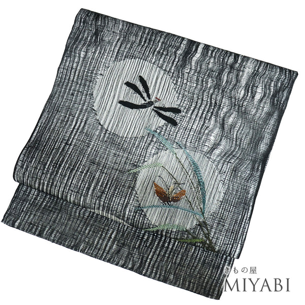 名古屋帯 リサイクル 帯丈369.5cm ポイント柄 9寸 夏物 とんぼ柄 ブラック Mサイズ 不明 Bランク カジュアル