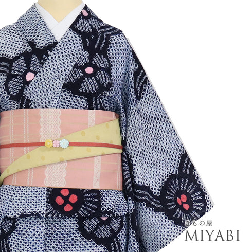 浴衣 リサイクル 夏着物 身丈149cm 裄61.5cm 夏物 絞り 花柄 ジュニアサイズ ネイビー SSサイズ カジュアル お洒落 木綿 洗える着物 バチ衿 Aランク