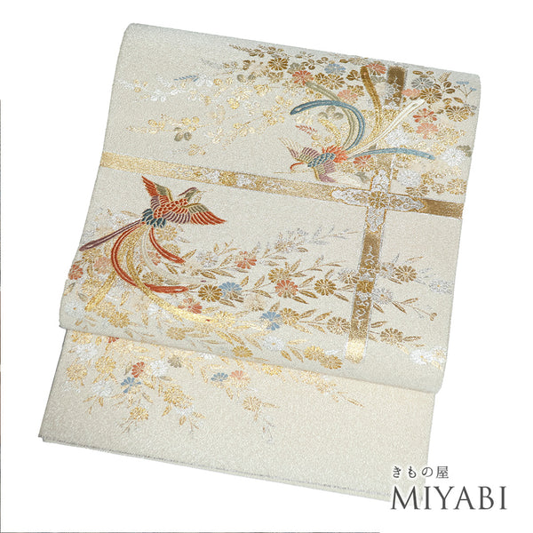 袋帯 リサイクル 帯丈438cm ポイント柄 鳳凰柄 ベージュ Mサイズ 正絹 Aランク フォーマル セミフォーマル