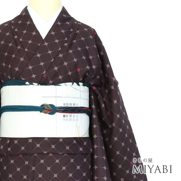 小紋 リサイクル 身丈167.8cm 裄67.5cm 袷 デザイン菱形模様 ブラウン LLサイズ お洒落 カジュアル ポリエステル 洗える着物 広衿 Sランク