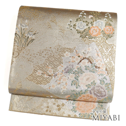 袋帯 リサイクル 帯丈448cm 六通 扇面蒔絵花文柄 ゴールド Mサイズ 正絹 新品・未使用品 フォーマル セミフォーマル