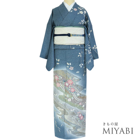 訪問着 リサイクル 身丈159.8cm 裄64.4cm 袷 辻ヶ花風柄 部分絞り加工 箔 ブルー Mサイズ フォーマル 正絹 広衿 Sランク