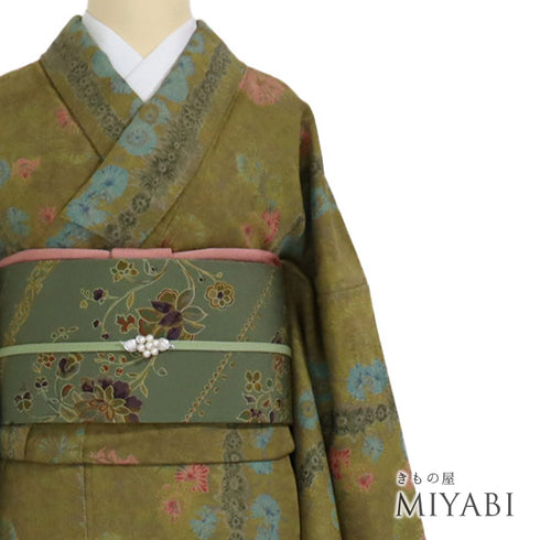 小紋 リサイクル 身丈166.7cm 裄67.8cm 袷 変わり織り 絞り模様 グリーン LLサイズ お洒落 正絹 広衿 Aランク