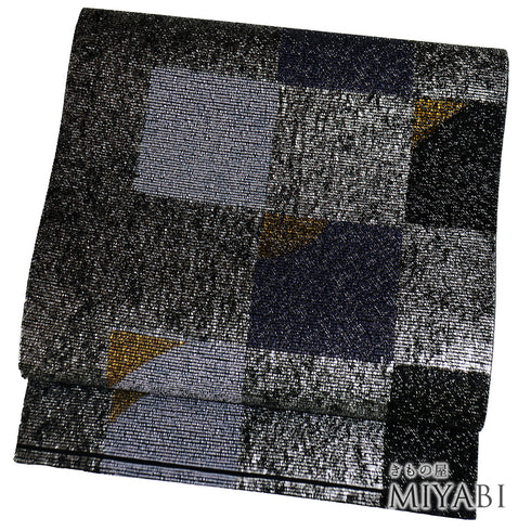 袋帯 リサイクル 帯丈440cm 六通 石畳模様 証紙1023 シルバー Mサイズ 正絹 Sランク お洒落