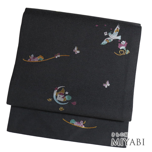 名古屋帯 リサイクル 帯丈369.5cm 六通 メルヘン ブラック Mサイズ ポリエステル Sランク お洒落 カジュアル