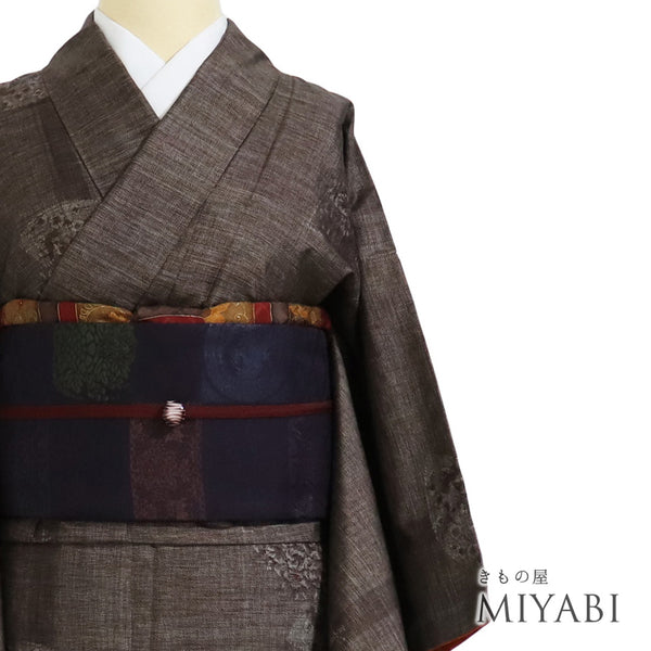 紬 リサイクル 身丈156.5cm 裄63.2cm 袷 扇子柄 ブラウン Mサイズ お洒落 カジュアル 正絹 広衿 Bランク