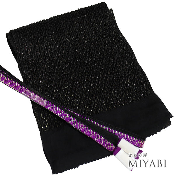 帯締め・帯揚げセット リサイクル 手組紐 ちりめん ブラック 正絹 新品・未使用品 ラメ
