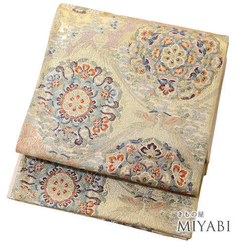 袋帯 リサイクル 帯丈444cm 六通 華文柄 ゴールド Mサイズ 正絹 Sランク フォーマル セミフォーマル