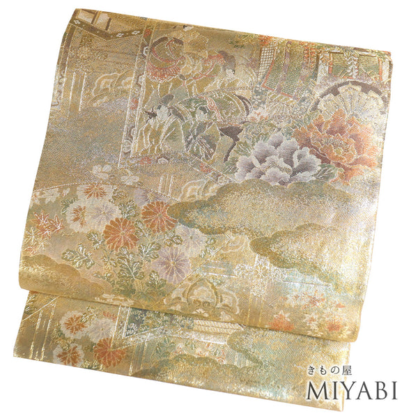 袋帯 リサイクル 帯丈444cm 全通 京雅宮中絵巻 本金箔全通丸帯 はぎれに落款 ゴールド Mサイズ 正絹 Sランク フォーマル