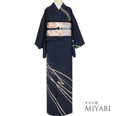 訪問着 リサイクル 身丈168cm 裄62.4cm 袷 デザイン線に熨斗柄 箔 ネイビー LLサイズ セミフォーマル お洒落 一つ紋 正絹 広衿 Sランク