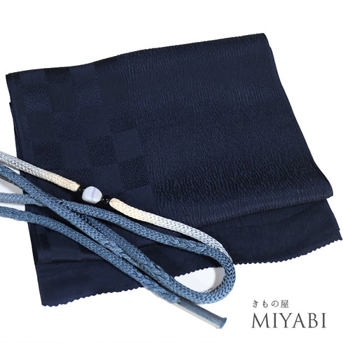 帯締め・帯揚げセット リサイクル 丸組紐 ちりめん ネイビー 正絹 新品・未使用品 千鳥格子地紋