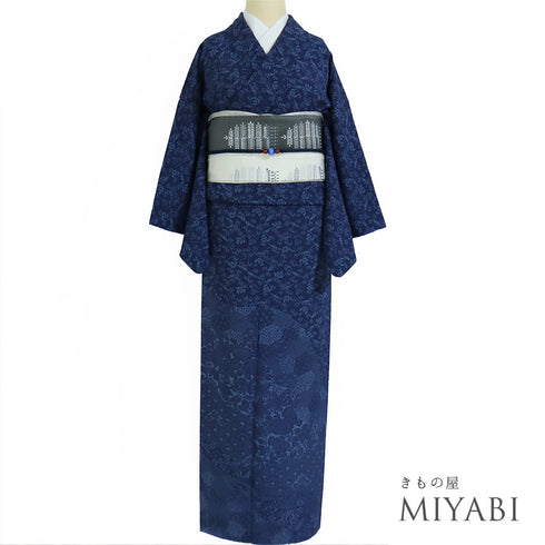 訪問着 リサイクル 身丈156.2cm 裄64.4cm 袷 竹に雀や花模様 ネイビー Mサイズ お洒落 正絹 広衿 Aランク