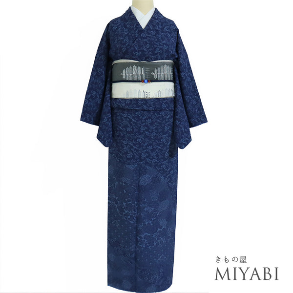 訪問着 リサイクル 身丈156.2cm 裄64.4cm 袷 竹に雀や花模様 ネイビー Mサイズ お洒落 正絹 広衿 Aランク