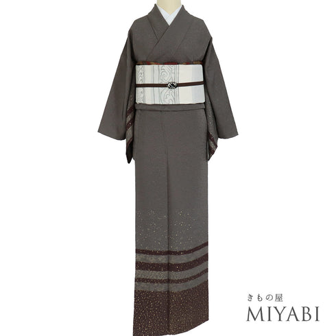 訪問着 リサイクル 身丈159.2cm 裄65.4cm 袷 横段染め 箔散らし 小花柄 地紋 箔加工 グレー Mサイズ お洒落 正絹 広衿 Sランク