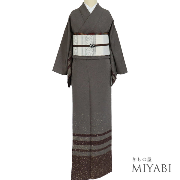 訪問着 リサイクル 身丈159.2cm 裄65.4cm 袷 横段染め 箔散らし 小花柄 地紋 箔加工 グレー Mサイズ お洒落 正絹 広衿 Sランク